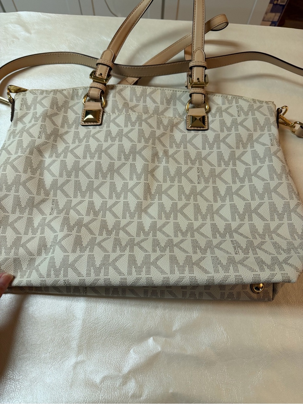 Michael Kors Beige Cream Logo Tote with Gold-Tone Hardware